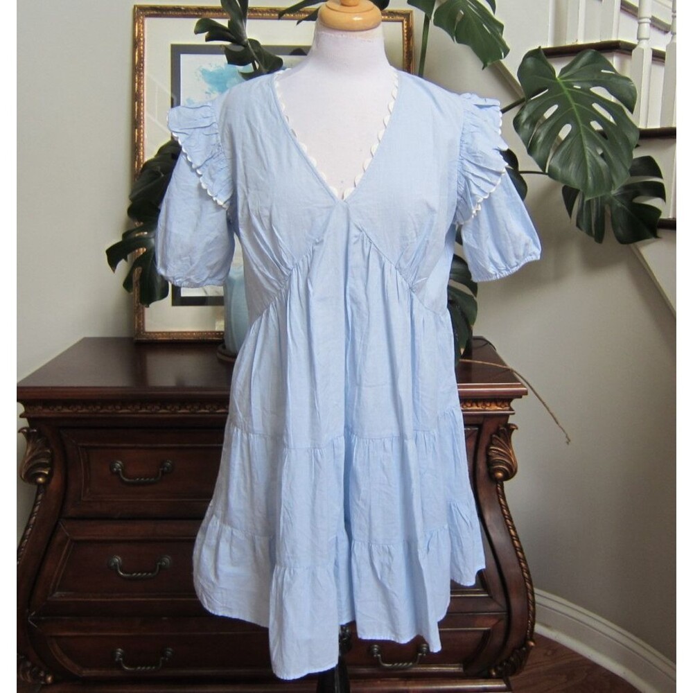 Simply Southern Light Blue Babydoll Ruffle Tiered Dress 100% Cotton Size S